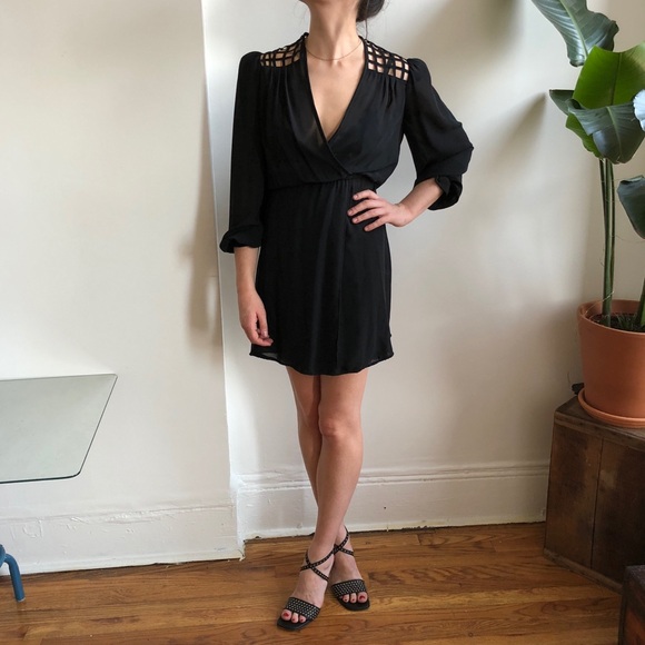 Vintage Black Sheer V-neck Mini Dress w/ Caged Style Lattice Open Back - Small - Picture 10 of 13